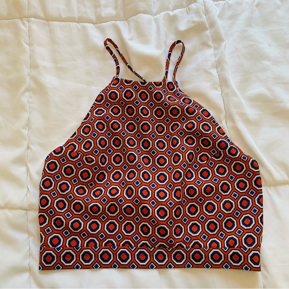 Forever 21 Orange/Blue Print Open Back Crop Top Size Small